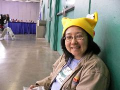 A very contented Carolyn in her Puchiko cap.